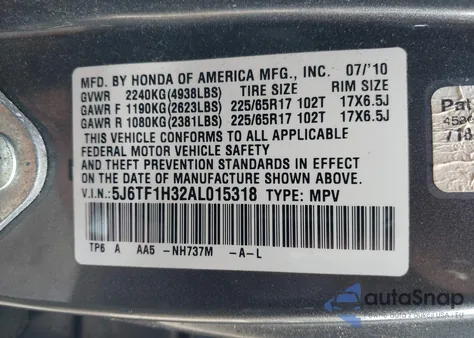 2010 Honda Accord Crosstour Ex из США, поврежденный, VIN 5J6TF1H32AL015318